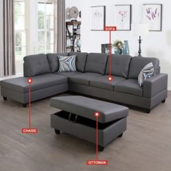 Brand New Gray Sectional Sofa Couch With Ottoman 
