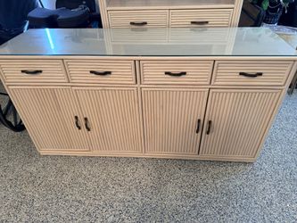 1 TWO MATCHING PIECES COASTAL REED DRESSER CREDENZA W/ GLASS TOP 63.5" X 18.5" X 32.5". BOHEMIAN COASTAL BAMBOO ENTAGERE TV CABINET PENCIL REE