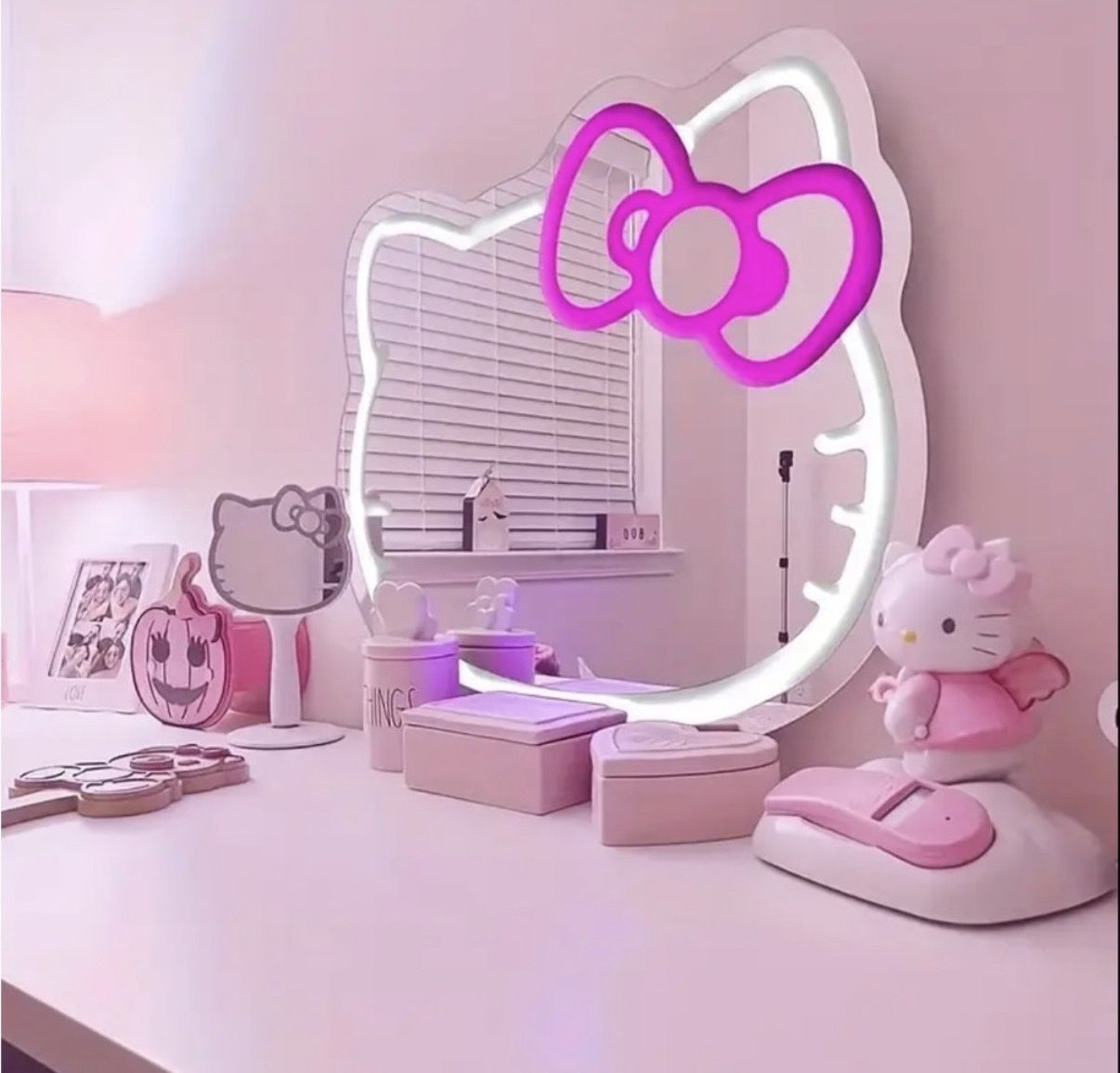 Hello Kitty LED Makeup Mirror Pink Neon Light Adjustable Brightness Perfect for Bedroom or Vanit