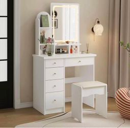 Vanity with Chair, Dressing Table with Lighted Rectangular Mirror, 5 Drawers and Shelves, Crystal Knobs, White