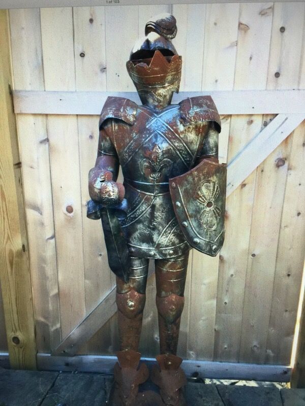 5 foot medieval knight in armor tin metal statue