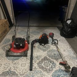 Lawn Mower, Small Backpack Blower, Weed Wacker 