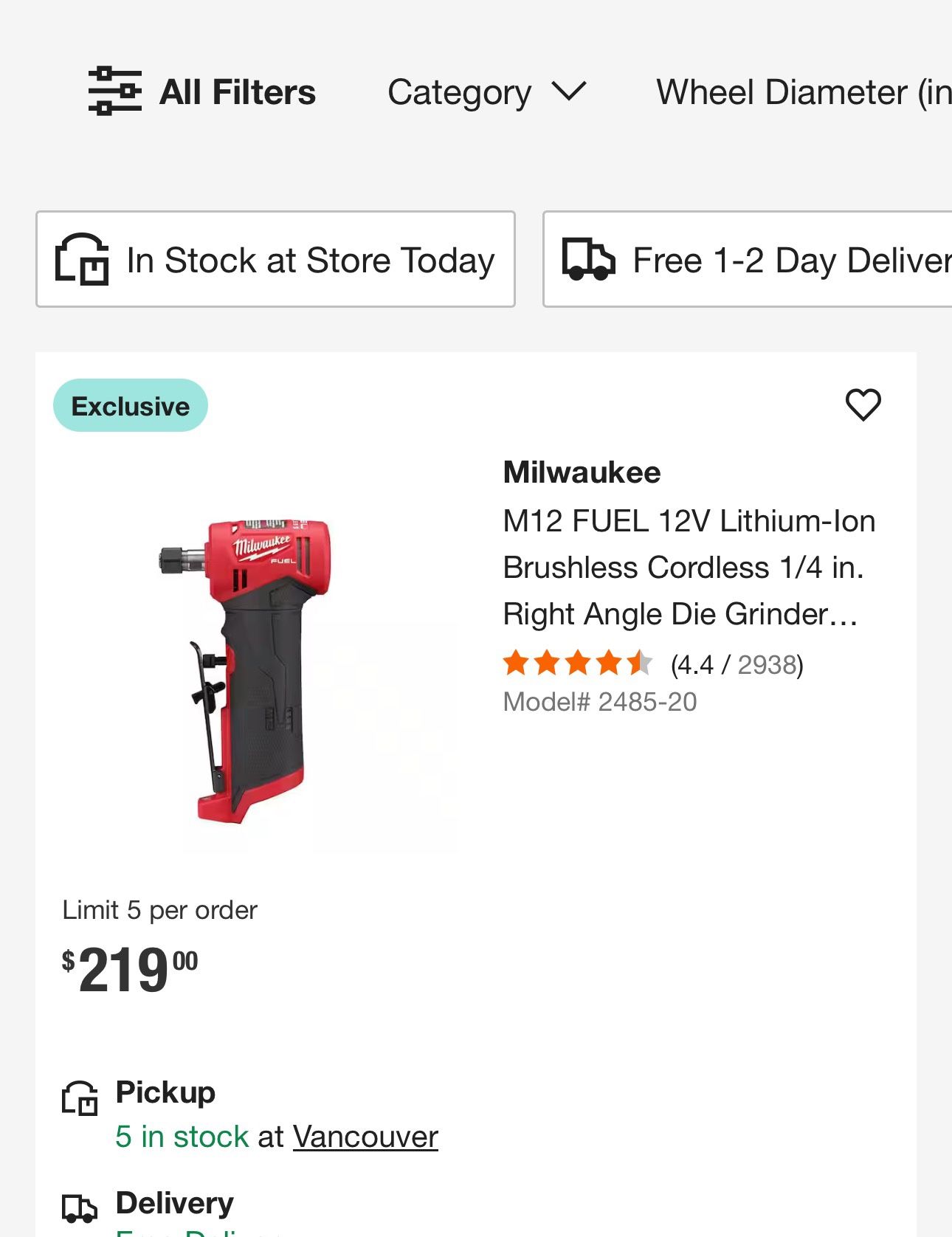 Milwaukee M12 FUEL 12V Lithium-Ion Brushless Cordless 1/4 in. Right Angle Die Grinder Battery Xc3.0