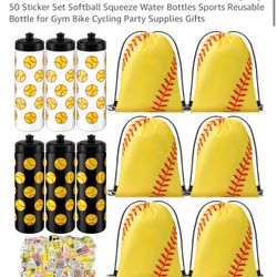 12 Pcs 20 Oz Softball Water Bottles Bulk with Drawstring Bag 50 Sticker Set Softball Squeeze Water Bottles Sports Reusable Bottle for Gym Bike Cycling