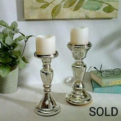 2 Piece Set Mercury Glass & LED Candle Holders 13"x4" & 12"x4" home decor, candles, votives, pillar candles