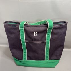 Vintage Lands End “B” Canvas Boat Bag Tote XL Zip Travel Bag Navy Green 22”x16” —- minor stitching unraveled as shown and stains that I have not tried