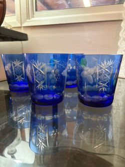 Cobalt Blue Etched Crystal Rocks Glasses Set of 4