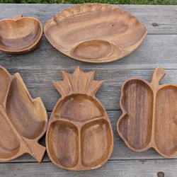 Vintage Monkeypod Wood Hand-Carved Serving Tray Lot – Set of 5
