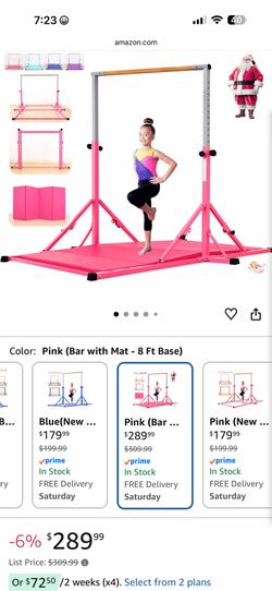 Pink and purple gymnastics beam and bar set with stomach pad and floor mat