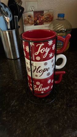 Christmas Stacking Mugs Set with Metal Rack