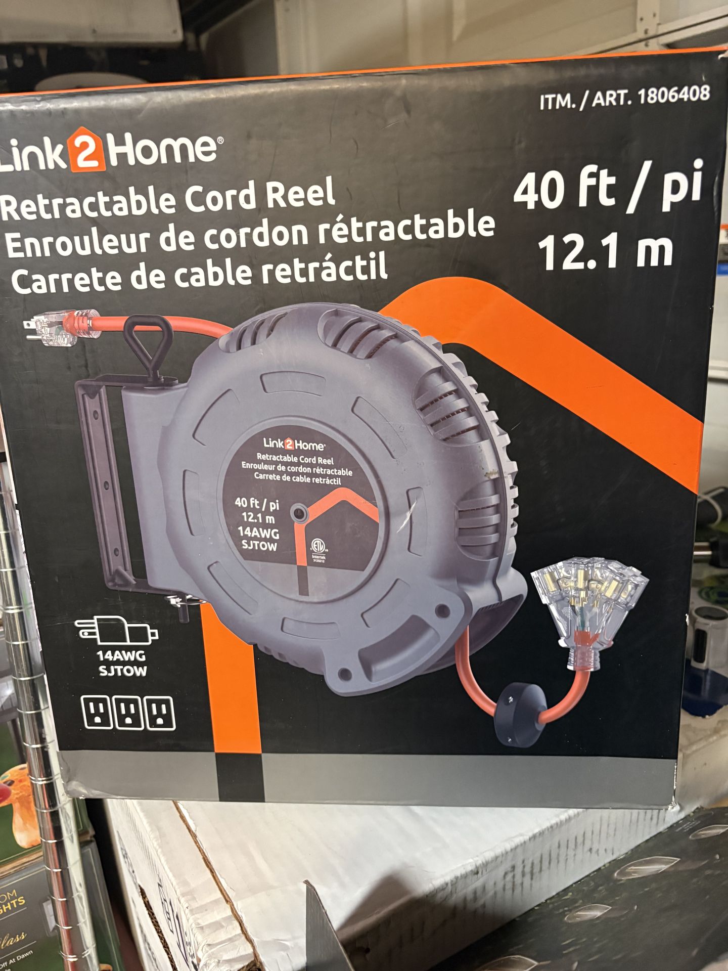 Link2Home 50 Ft. Retractable Extension Cord Reel with 3 Outlets, Lighted Triple Tap, 14AWG SJTOW Heavy-Duty Cord, Overload Protection, Wall/Ceiling Mo