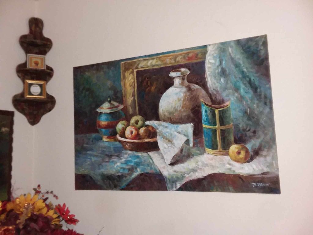 XL 36" VINTAGE SIGNED P. LEBRUN STILL LIFE CANVAS PAINTING FRUIT BOWL ACRYLIC PICTURE ART PLAQUE