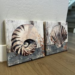 28x14 Two Piece Ocean Seashell Beach Textured Sequin Canvas Wall Art- Canvas Artwork