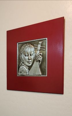 Mid-Century Modern bas-relief metal sculpture by artist Bruce Fox - "Portrait with Mandolin"
