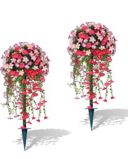 Artificial Topiary Ball Trees with Pink Morning Glory Flowers, 3FT Faux Outdoor