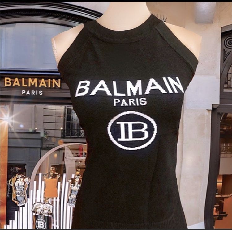 New, Authentic Balmain Black Knit Detail Tank