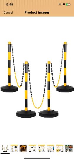 35" 4 Sets Parking Delineator Stanchion with Base - Post Traffic Cone, Reflective Collar Black, Yellow - Chain Barriers for Construction, Crowd Contro