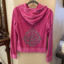 Juicy Couture Pink Velour Rhinestone Embellished Zip-Up Hoodie Jacket Size Large