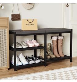 Shoe Bench & Rack Storage Bench - Entryway Bench with Seat Cushion, Stable Organizer for Entryway & Living Room, Holds Up to 300 lb, (35" L x 12" W x 