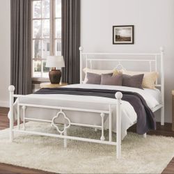 Allewie Queen Size Metal Platform Bed Frame with Victorian Vintage Headboard and Footboard, White 🌱
