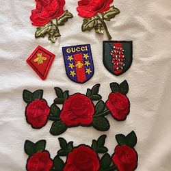 lot of 7 embroidered patches, red roses, bees, snakes, desiner inspired