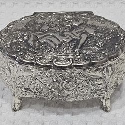 Antique Silver Plated Ring Box: Embossed Victorian Lovers Scene, Red Velvet Lining