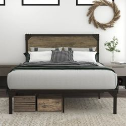 Industrial Bed Frame with Wooden Rivet Headboard Twin