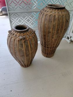 Large Rattan-Wrapped Clay Vases Set of 2