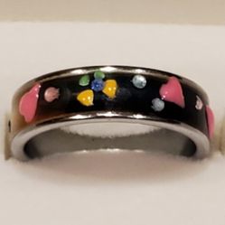 Black Enamel With Hearts Ring. Size 7.