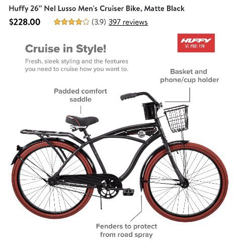 Huffy 26" Nel Lusso Men's Cruiser Bike, Matte Black