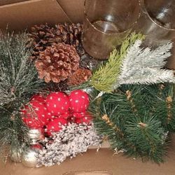 box of Christmas picks, pine cones and 2 glass candle holders to make a centerpiece or wreath FIRM