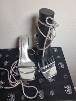 Fashion Nova Silver Rhinestone Lace-Up Heels