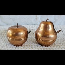 Set of 2 Vintage Cespedes Brass/glass Apple & Pear w/lids and Spoons Chile Canister 