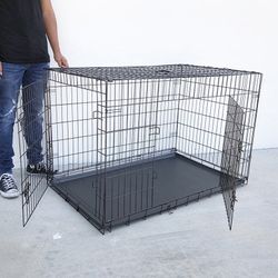 (NEW) $75 Folding 48” Dog Cage 2-Door Pet Crate Kennel w/ Tray 48”x29”x32” 