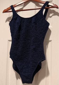 Women’s Blue Textured One-Piece Swimsuit Solid Wide Strap Stretch Nylon/Spandex