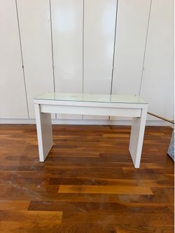 Modern White Vanity Desk with Glass Top & Drawer