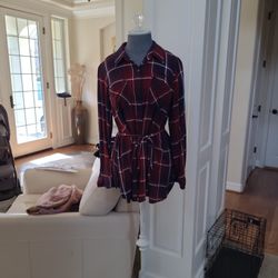 Maternity Red Plaid Collared Shirt With String Belt! 