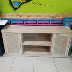 Rattan TV Stands for Living Room, Boho TV Cabinet with Storage and Open Shelf, Rustic Wood Entertainment Center, Media Console for 50-65 Inch TV, Natu