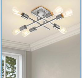 6-Light Semi Flush Mount Ceiling Light Fixture, Modern Brushed Nickel Sputnik Chandelier Lighting, Farmhouse E26 Stock Ceiling Lamp Kitchen Bedroom Li