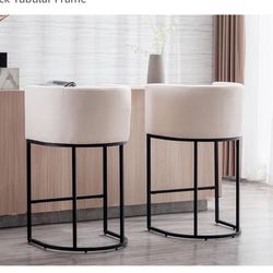 Modern Counter Height Linen Fabric Cream Upholstered Counter Stools Set of 2, 29 Inch Kitchen Island Stool with Black Tubular Frame