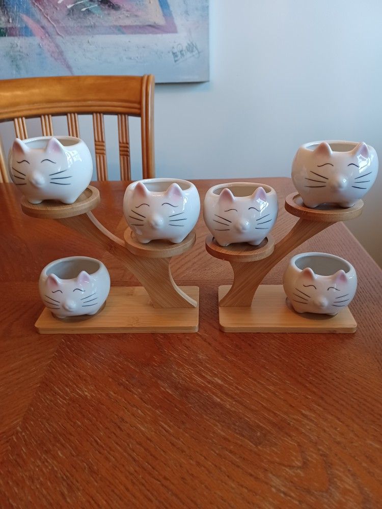 Ceramic Cat Shaped Planters On Wooden Stand