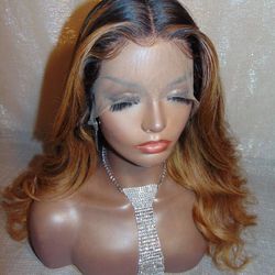 Middle Part Ombre Balayage Lace Front Wig Dark Root Honey Ginger Golden Blonde