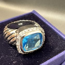 Sterling Silver Cocktail Ring With Aquamarine Stone And CZ Size 7
