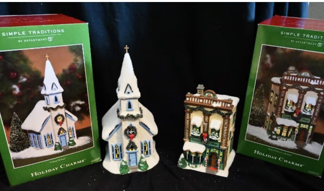 Department 56 Simple Traditions Holiday “Charms Church of Peace & Treats & Sweets Candy Shop”