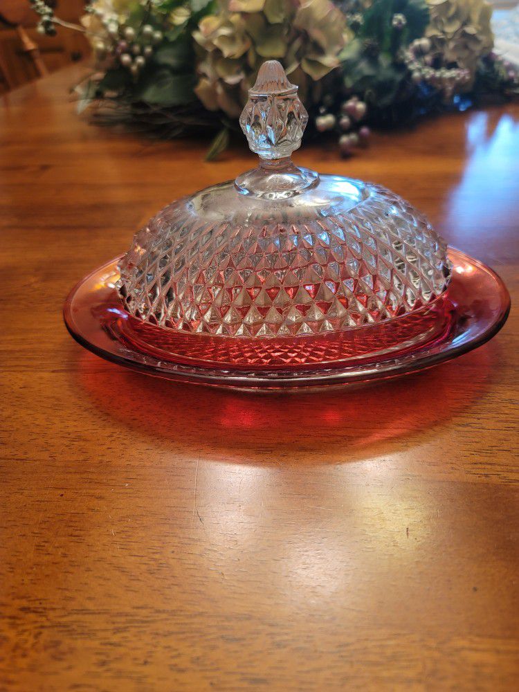 SOLD. Diamond Point Butter Dish by Indiana Glass Co. in Ruby * VINTAGE 60/70s