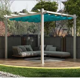 10 ft. x 10 ft. White Aluminum Frame Outdoor Patio Pergola Gazebo with Blue Retractable Sun Shade Canopy