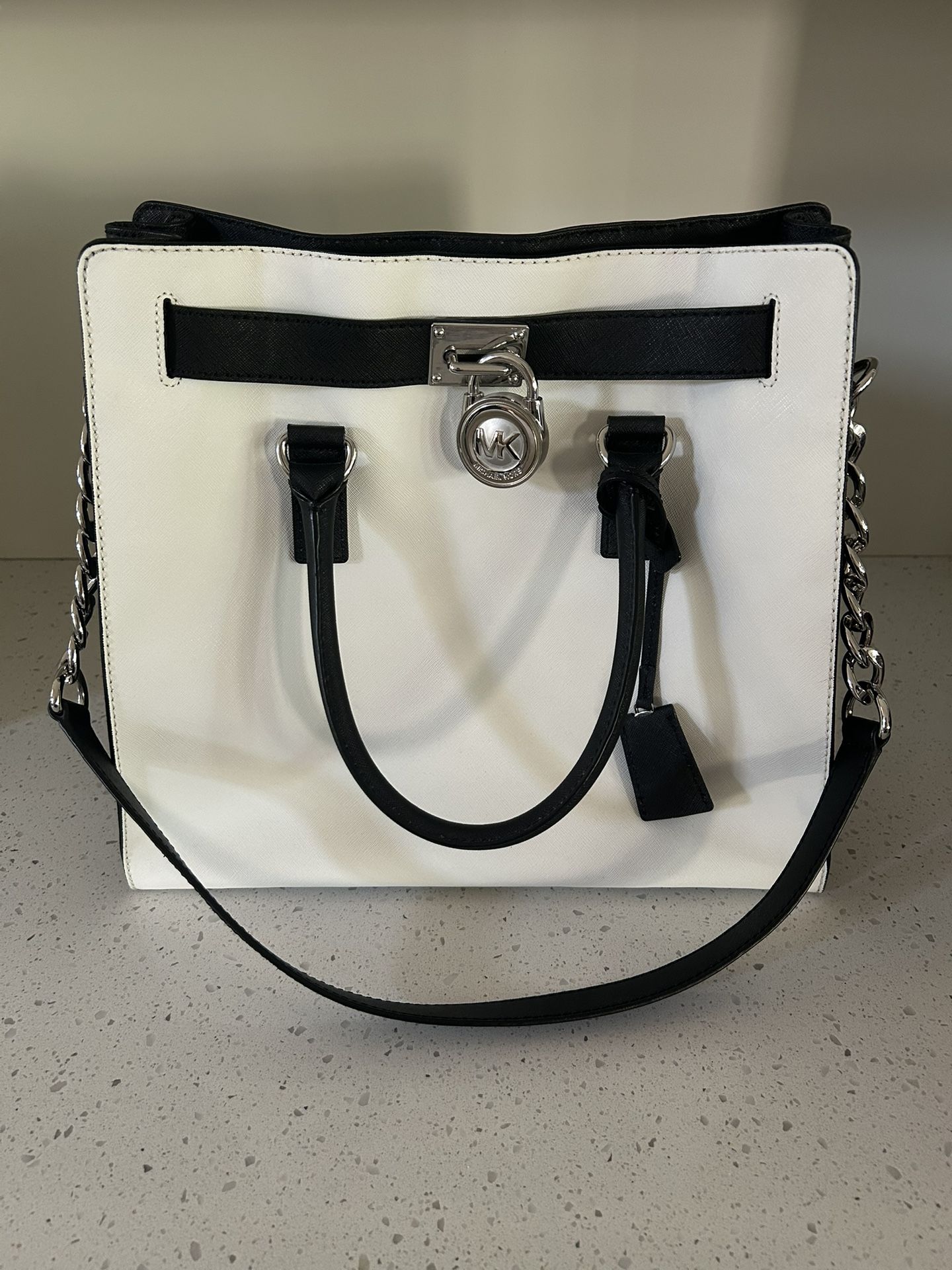 Michael Kors Hamilton Optic Black White Leather Satchel Purse