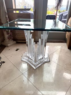 Vintage Lucite Acrylic Pedestal Table with Square Beveled Glass Top