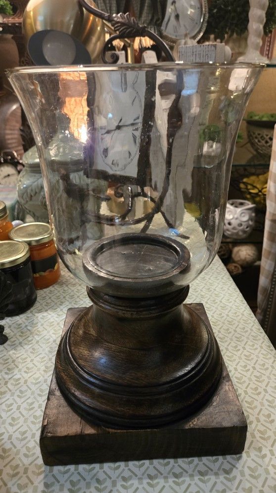 Large Candle Holder With Wood Carved Pedestal Basr