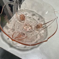 Vintage Jubilee Pink Depression Glass Etched 3 Footed Bowl